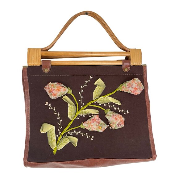 Vintage Brown Floral Purse Top Handle Wood  Handles Handbag 3-D Flowers Boho - Picture 1 of 5